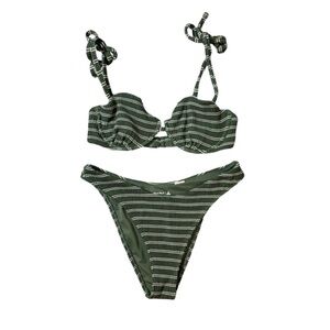 Abercrombie & Fitch Green and White Stripe Textured Bikini Set Size Medium